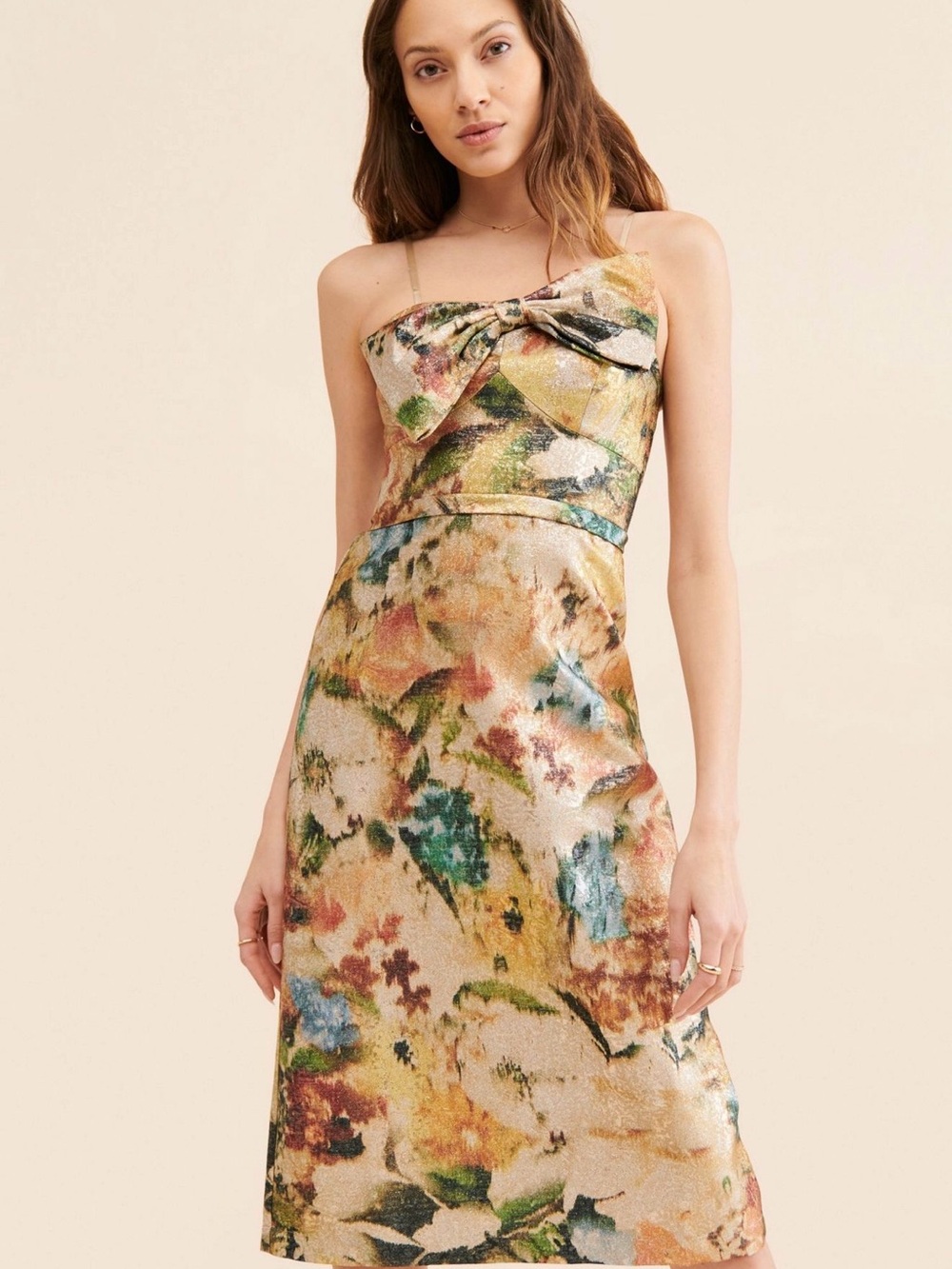 Rana Gill Floral Metallic Strapless Midi Dress in Multi